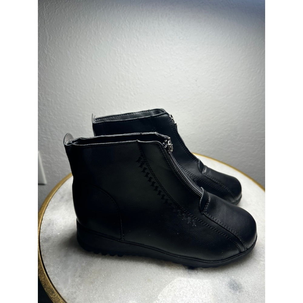 Womens Black Fauxโ Leather Front Zip Ankle Boots Wedge Lug Sole